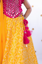 Load image into Gallery viewer, Girls' Pink Mirror Work Choli and Yellow Printed Lehenga Set - CuddlesClothing