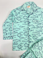 Load image into Gallery viewer, Boys Light Blue Fish Print Cotton Nightsuit Set - CuddlesClothing