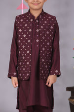 Load image into Gallery viewer, Boys Purple Cotton Silk Block Print Front Open Jacket & Kurta Set - CuddlesClothing