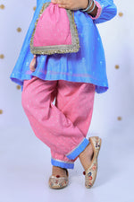 Load image into Gallery viewer, Girls Blue and Pink Embroidered Kurta Set with Matching Potli - CuddlesClothing