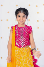 Load image into Gallery viewer, Girls' Pink Mirror Work Choli and Yellow Printed Lehenga Set - CuddlesClothing