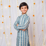 Load image into Gallery viewer, Boys Front-Open Silk Kurta Pajama with Gota Work - CuddlesClothing
