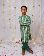 Load image into Gallery viewer, Boys Front-Open Silk Kurta Pajama with Gota Work - CuddlesClothing