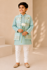 Load image into Gallery viewer, Mint Mul Chanderi Kurta Set with Embroidered Mul Chanderi Jacket