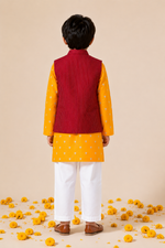 Load image into Gallery viewer, Mustard Mul Chanderi Kurta Set with Silk Nehru Jacket for Boys