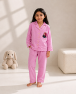 Load image into Gallery viewer, Pink Cotton Kids Nightsuit with K-Pop Girl Embroidered Pocket - CuddlesClothing