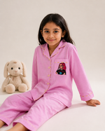 Load image into Gallery viewer, Pink Cotton Kids Nightsuit with K-Pop Girl Embroidered Pocket - CuddlesClothing