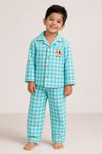 Load image into Gallery viewer, Aqua Check Cotton Kids Nightsuit with Elephant Patch