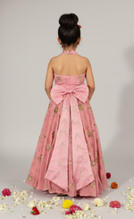 Load image into Gallery viewer, Girls' Pink Floral Embroidered Lehenga Set | Halter Neck Ethnic Wear - CuddlesClothing
