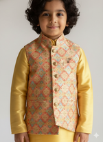 Load image into Gallery viewer, Boys Yellow Kurta Pajama & Embroidered Nehru Jacket Set - CuddlesClothing