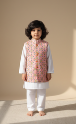 Load image into Gallery viewer, Boys White Kurta Pajama with Bandhani Print Nehru Jacket Set - CuddlesClothing