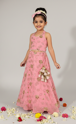 Load image into Gallery viewer, Girls' Pink Floral Embroidered Lehenga Set | Halter Neck Ethnic Wear - CuddlesClothing