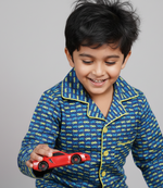 Load image into Gallery viewer, Blue Race Car Print Cotton Nightsuit for Boys - CuddlesClothing