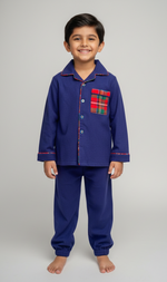 Load image into Gallery viewer, Kids Navy Blue Flannel Nightsuit - CuddlesClothing