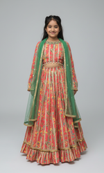 Load image into Gallery viewer, Girls Pink Floral Print Lehenga Choli with Green Dupatta - CuddlesClothing