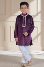 Load image into Gallery viewer, Purple Velvet Kurta Pajama Set For Boys - CuddlesClothing
