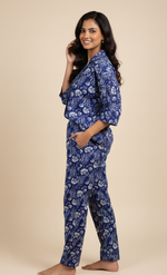 Load image into Gallery viewer, Indigo Floral Pajama Set for Ultimate Comfort in Cotton Rayon - CuddlesClothing