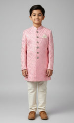 Load image into Gallery viewer, Pink Mirror Work Achkan for Boys with Off-White Pants - CuddlesClothing