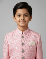 Load image into Gallery viewer, Pink Mirror Work Achkan for Boys with Off-White Pants - CuddlesClothing
