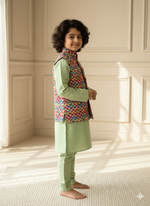 Load image into Gallery viewer, Boys Sage Green Nehru Jacket & Scallop Print Kurta Set - CuddlesClothing