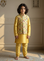 Load image into Gallery viewer, Boys Yellow Kurta Pajama with Floral embroidered Nehru Jacket - CuddlesClothing