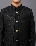 Load image into Gallery viewer, Black Embroidered Front Open Jodhpuri 3-Piece Set for Boys - CuddlesClothing
