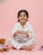 Load image into Gallery viewer, Kids Bear Print Cotton Nightsuit with Pink Piping - CuddlesClothing
