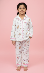 Load image into Gallery viewer, Kids Bear Print Cotton Nightsuit with Pink Piping - CuddlesClothing