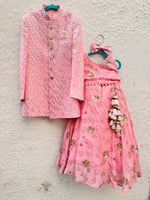 Load image into Gallery viewer, Girls' Pink Floral Embroidered Lehenga Set | Halter Neck Ethnic Wear - CuddlesClothing