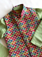 Load image into Gallery viewer, Boys Sage Green Nehru Jacket & Scallop Print Kurta Set - CuddlesClothing
