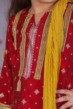 Load image into Gallery viewer, Girls Deep Red Silk Block Print Kurta & Salwar Set - CuddlesClothing
