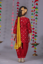 Load image into Gallery viewer, Girls Deep Red Silk Block Print Kurta & Salwar Set - CuddlesClothing
