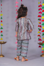 Load image into Gallery viewer, Girls Grey Metallic Silk Striped Peplum Top and Pant Set - CuddlesClothing