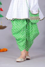 Load image into Gallery viewer, Girls White Chikankari Peplum with Green Leheriya Dhoti - CuddlesClothing