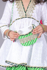 Load image into Gallery viewer, Girls White Chikankari Peplum with Green Leheriya Dhoti - CuddlesClothing