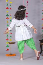 Load image into Gallery viewer, Girls White Chikankari Peplum with Green Leheriya Dhoti - CuddlesClothing