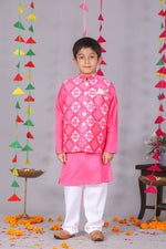 Load image into Gallery viewer, Pink Silk Jacket Set with Chanderi Kurta & White Pajama - CuddlesClothing