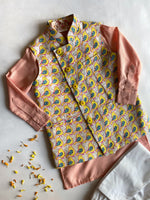 Load image into Gallery viewer, Boys Bird Print Nehru Jacket & Peach Kurta Set - CuddlesClothing