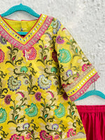 Load image into Gallery viewer, Yellow Banarsi Silk Girls Kurta Set with Pink Cotton Silk Salwar - Elegant Ethnic Wear - CuddlesClothing