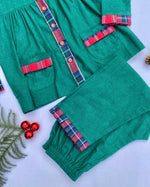 Load image into Gallery viewer, Girls Green Frock Style Flannel Nightsuit - CuddlesClothing