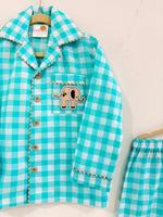 Load image into Gallery viewer, Aqua Check Cotton Kids Nightsuit with Elephant Patch