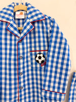 Load image into Gallery viewer, Blue Check Cotton Kids Nightsuit with Football Patch