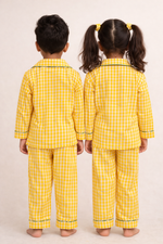 Load image into Gallery viewer, Yellow Check Cotton Kids Nightsuit with Fun Patch - CuddlesClothing