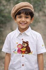 Load image into Gallery viewer, White Cotton Kids Shirt with Masha and Bear Embroidery