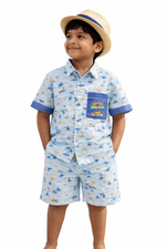 Load image into Gallery viewer, Boys Blue Cotton Co-ord Set with Embroidered Pocket - CuddlesClothing