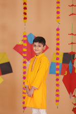 Load image into Gallery viewer, Boys Yellow Velvet Kurta Pajama Set - CuddlesClothing