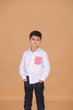 Load image into Gallery viewer, Kids White Cotton Shirt with Heart Print Pocket - CuddlesClothing