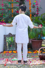 Load image into Gallery viewer, Boys White Embroidered Holi Kurta Pajama Set - CuddlesClothing