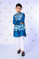 Load image into Gallery viewer, Boys Teal Silk Kurta Set with Heritage Print Nehru Jacket - CuddlesClothing