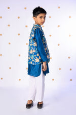 Load image into Gallery viewer, Boys Teal Silk Kurta Set with Heritage Print Nehru Jacket - CuddlesClothing
